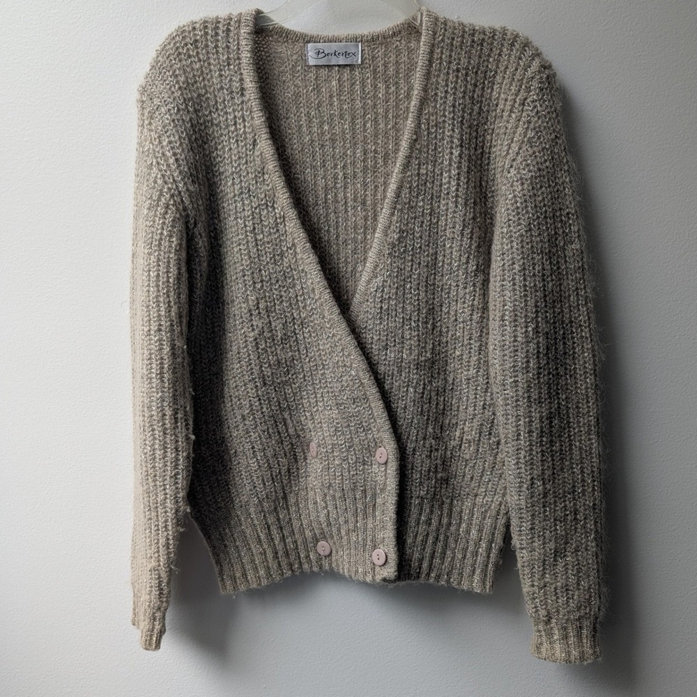 Vtg Cardigan Fuzzy Sweater Taupe Mohair Blend Double Button Wrap 10-12 Textured